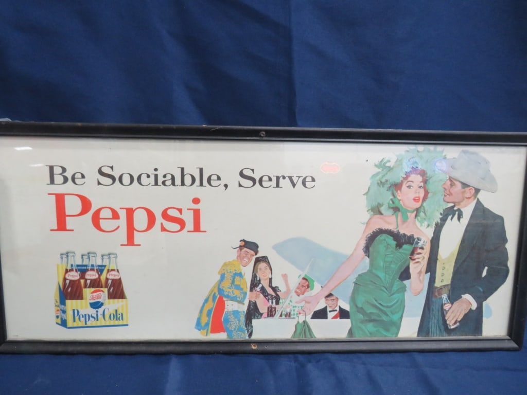 Framed Pepsi-Cola Cardbrd Sign: 12 x 29