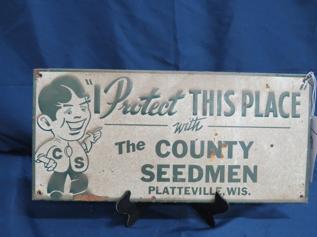 SS County Seedman SIgn: Platteville, WI, metal 9 x 19