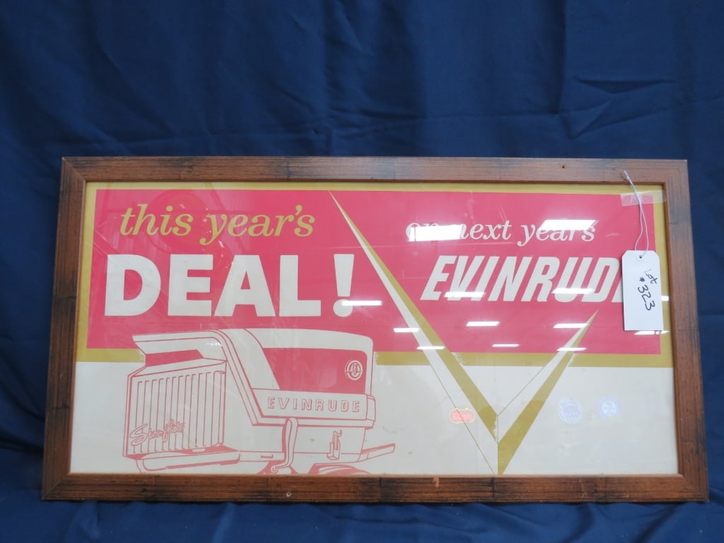 Evinrude Starfite Cardbrd Framed sign: Boat motor 20 x 38