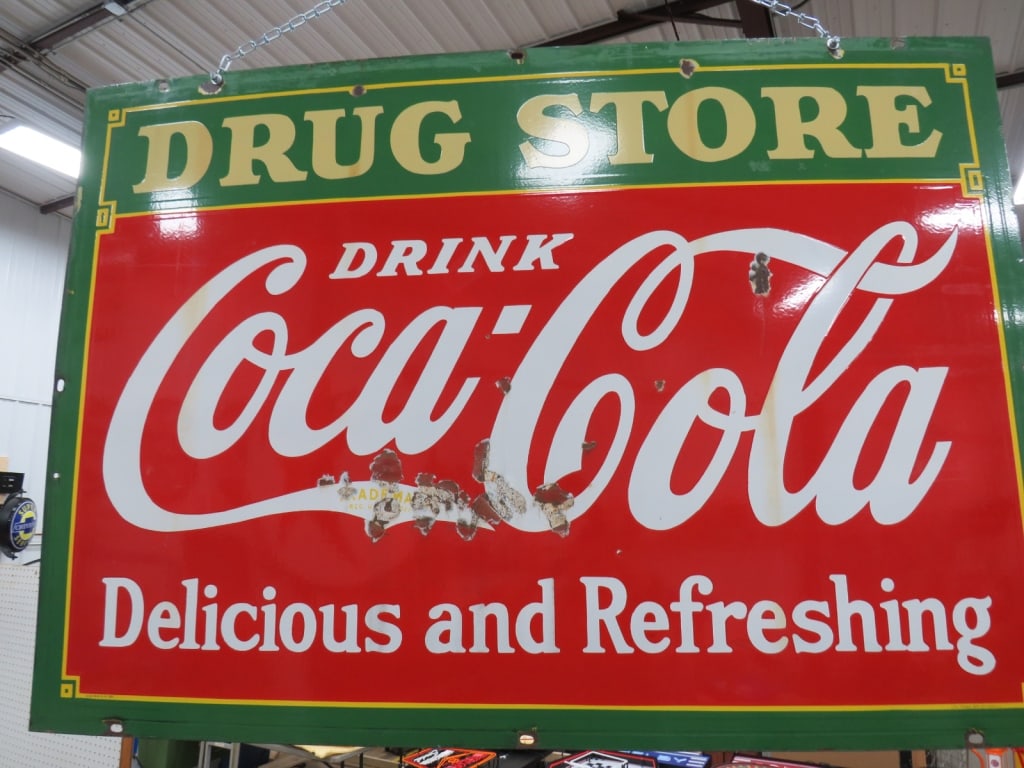 1933 DS Porcelain Coca-Cola Drug Store Sign: TN Enamel Co. Some rusting. 42x60