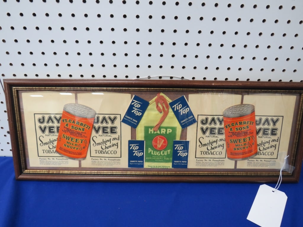 Framed Tobacco items: 5 plug bags/2 snuff advert/4 tip top papers 10h 27w