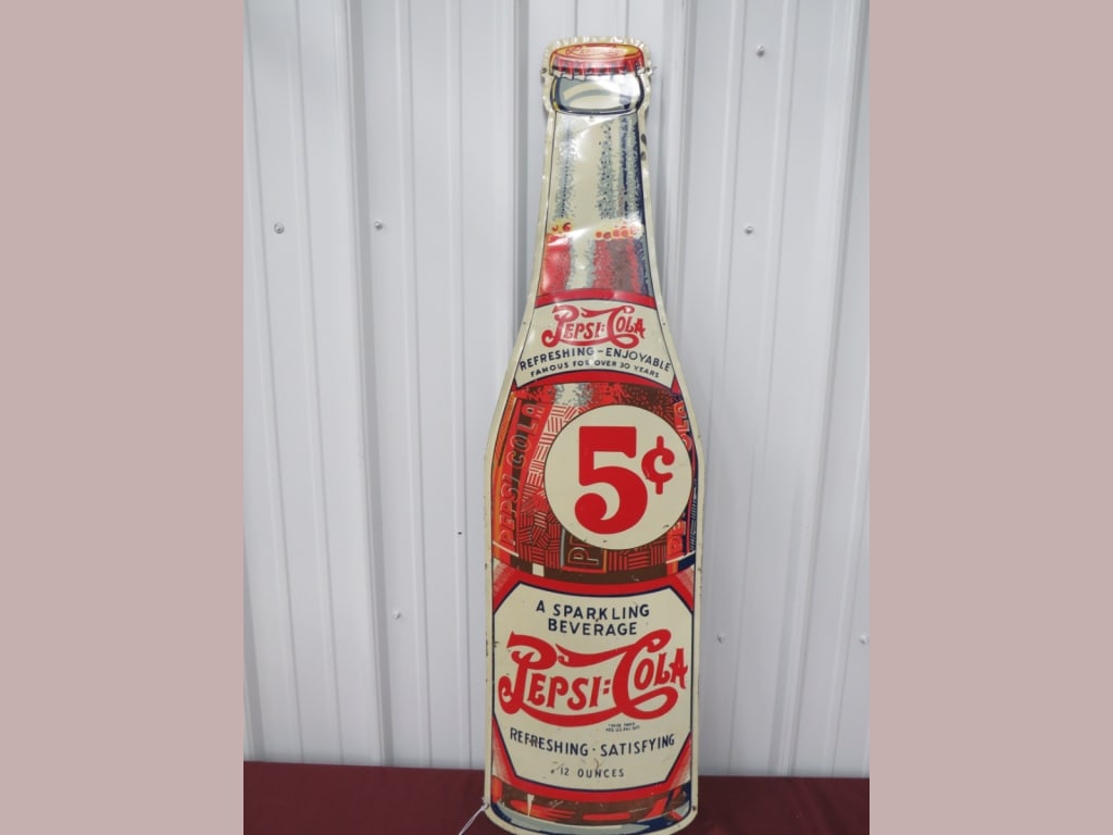 1940 Dbl Dot Pepsi-Cola 5-cent Bottle Sign: Self-framed. 45x12