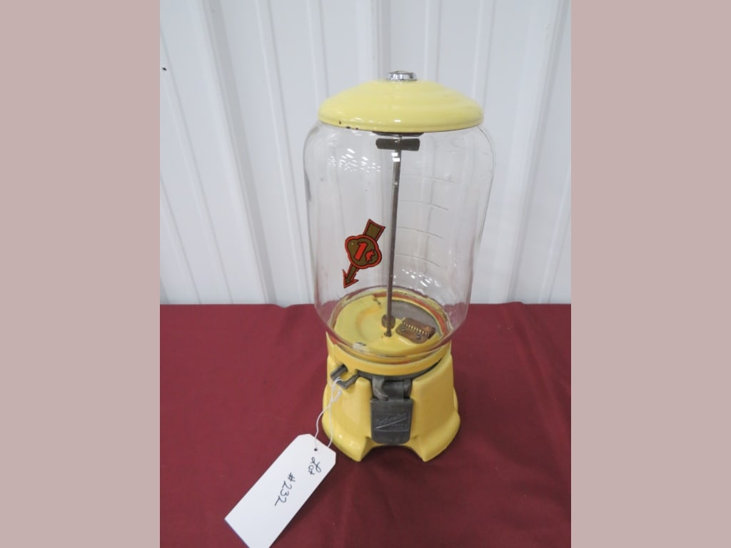 Porcelain Northwestern 1 cent Gum Machine: Glass dome. 16x10