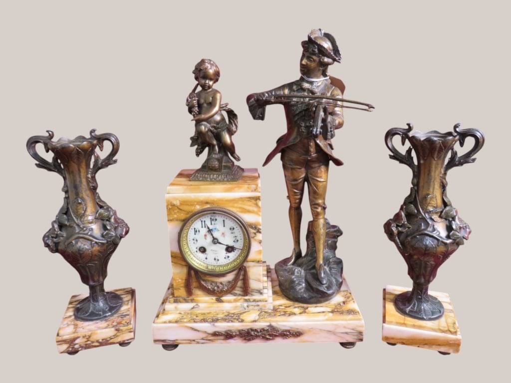 French Antique Mantle Clock with Matching Urns: Signed Ch. Ruchot Featuring Ornate Floral Detailing 18 x 12 x 9 Violin bow detached