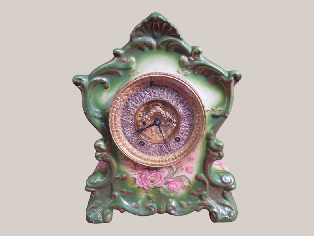 Ansonia Royal Bonn Porcelain Mantle Clock: Hand-painted Floral design 12 x 10 x 5 "As Found" Condition