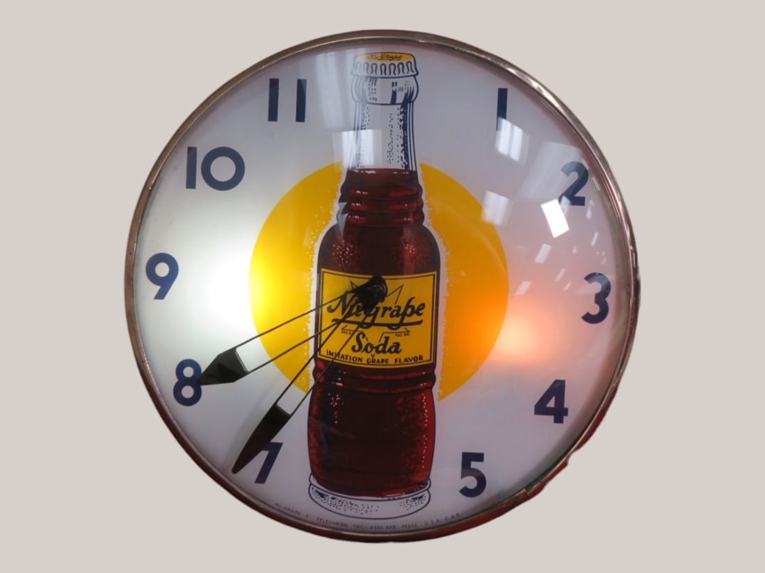 Nu-Grape Soda Advertising Clock: Metal 15 x 15