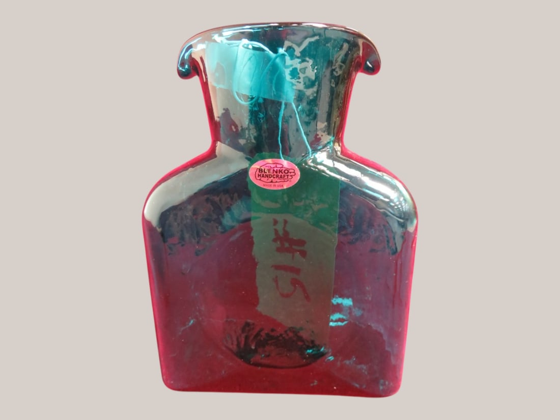Handcrafted Blenko Aqua Decanter: Artist signed Orig sticker 9 x 6