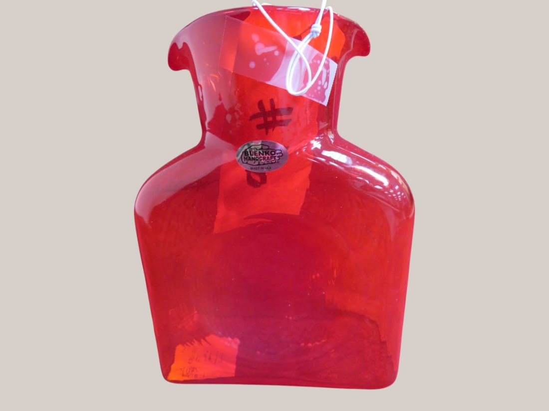 Handcrafted Blenko Ruby Red Decanter: Artist signed Orig sticker 9 x 6