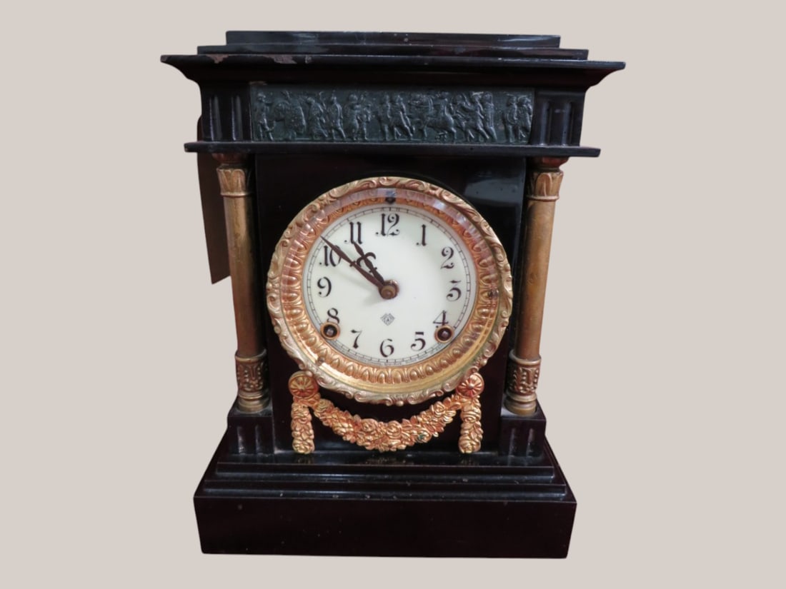 Faux Marble Ansonia Mantle Clock: Normal wear for age Late 1800's 13 x 10 x 6 "As found" condition