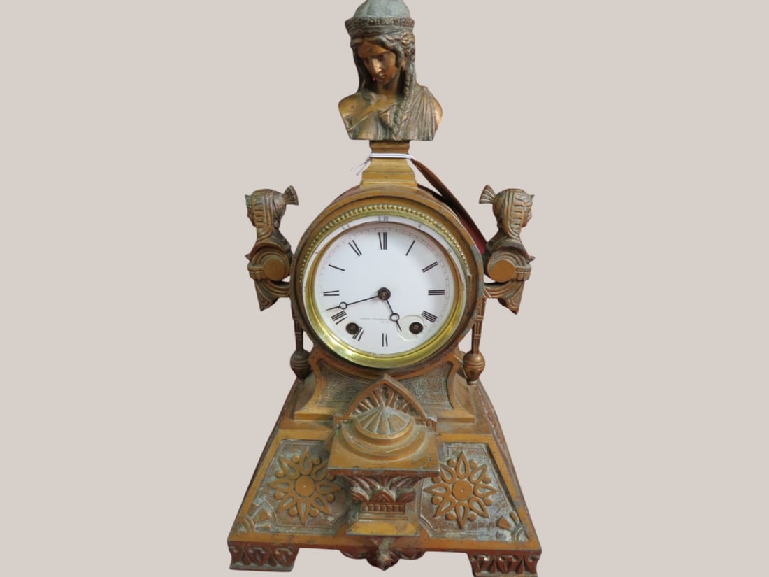 Seth Thomas Cast Metal Mantle Clock: Egyptian Revival decor 15 x 9 x 6 "As found" condition