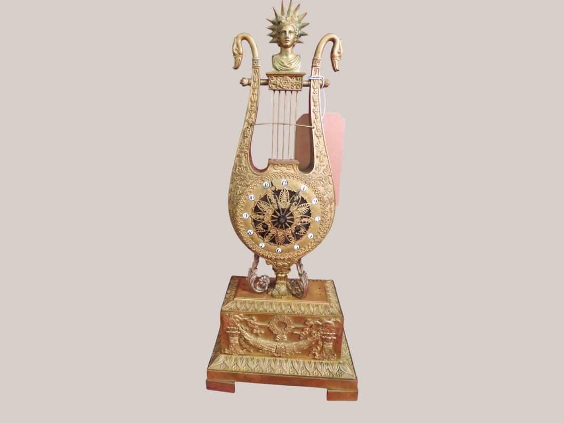 French style Guilded Harp Clock: w/ Swans & Bust of Apollo 19 x 8 x 5 "As found" condition