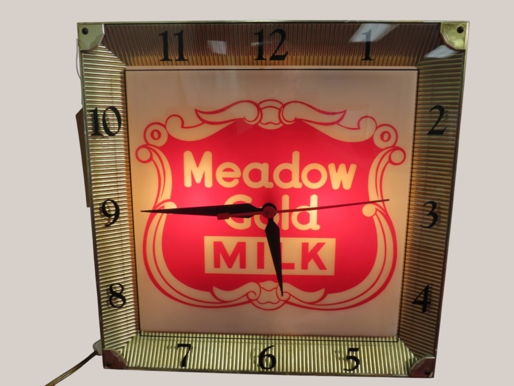 Meadow Gold Milk Advertising Clock: AP Advertising Products, Inc. Plastic/Metal 16 x 4 "As found" condition