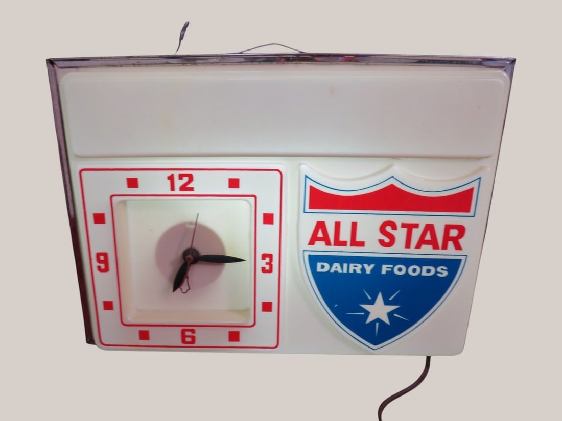 AllStar Dairy Foods Advertising Clock: 12 x 16 x 6 "As found" condition