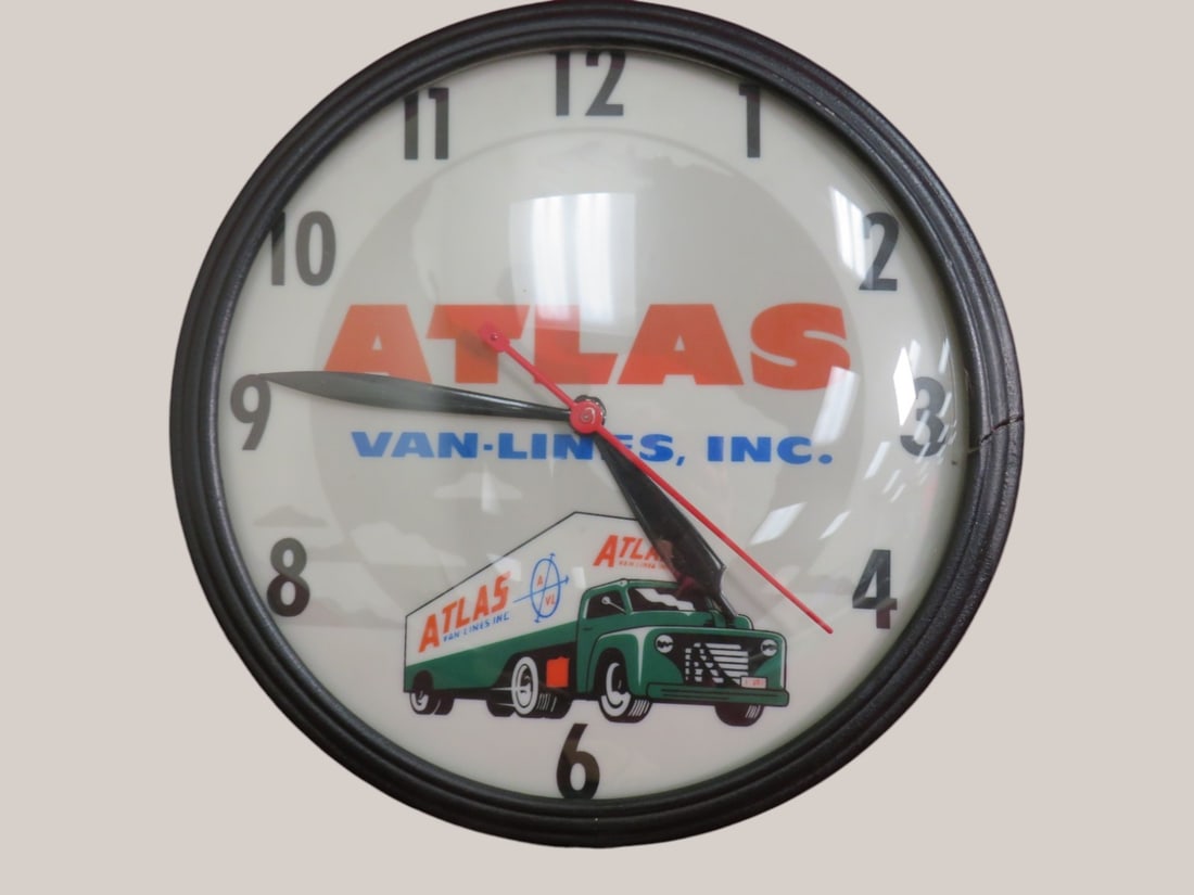 Atlas Van Lines Advertising Clock: Electron in Plastic case 15dia "As found" condition