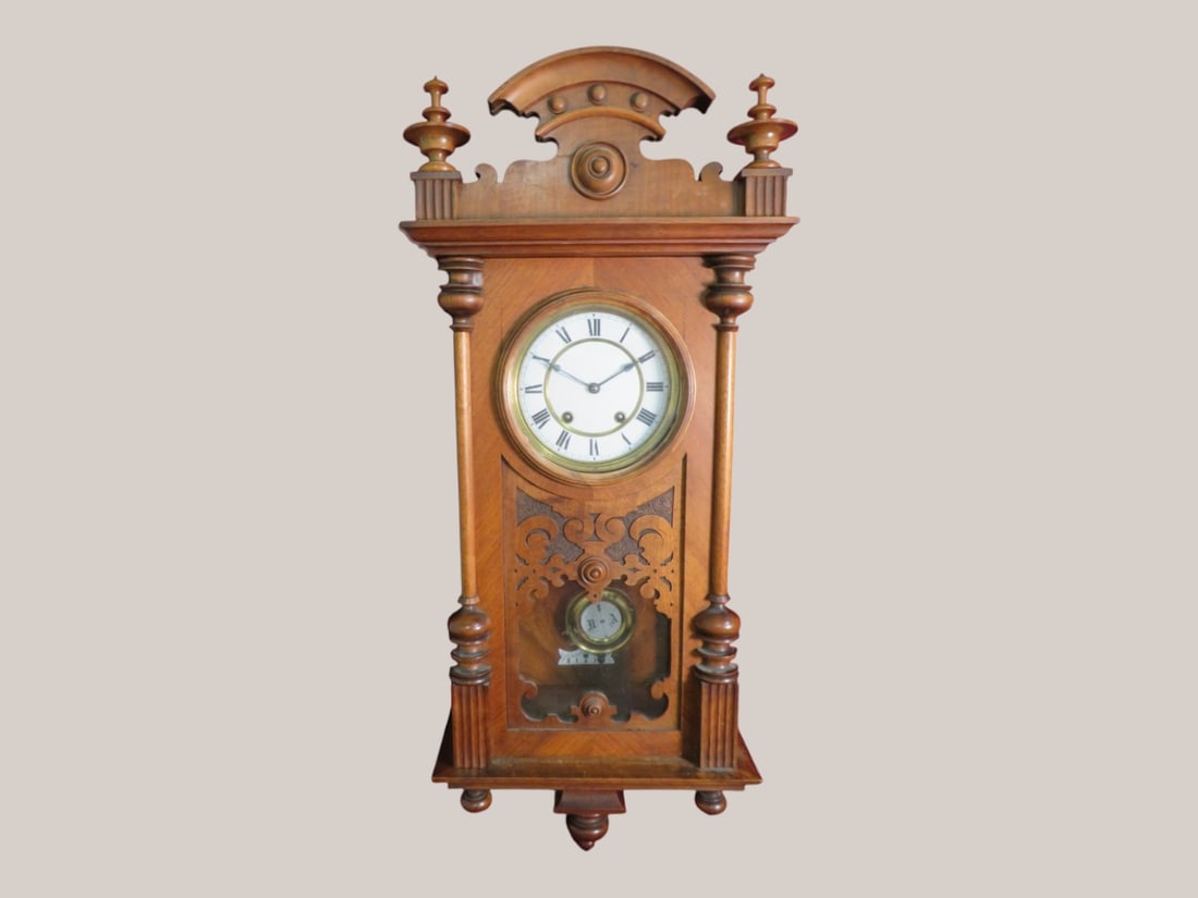 German (Lenzkirch) Ornate Walnut Cased Wall Clock: w/ Porcelain face 38 x 15 x 9 "As found" condition