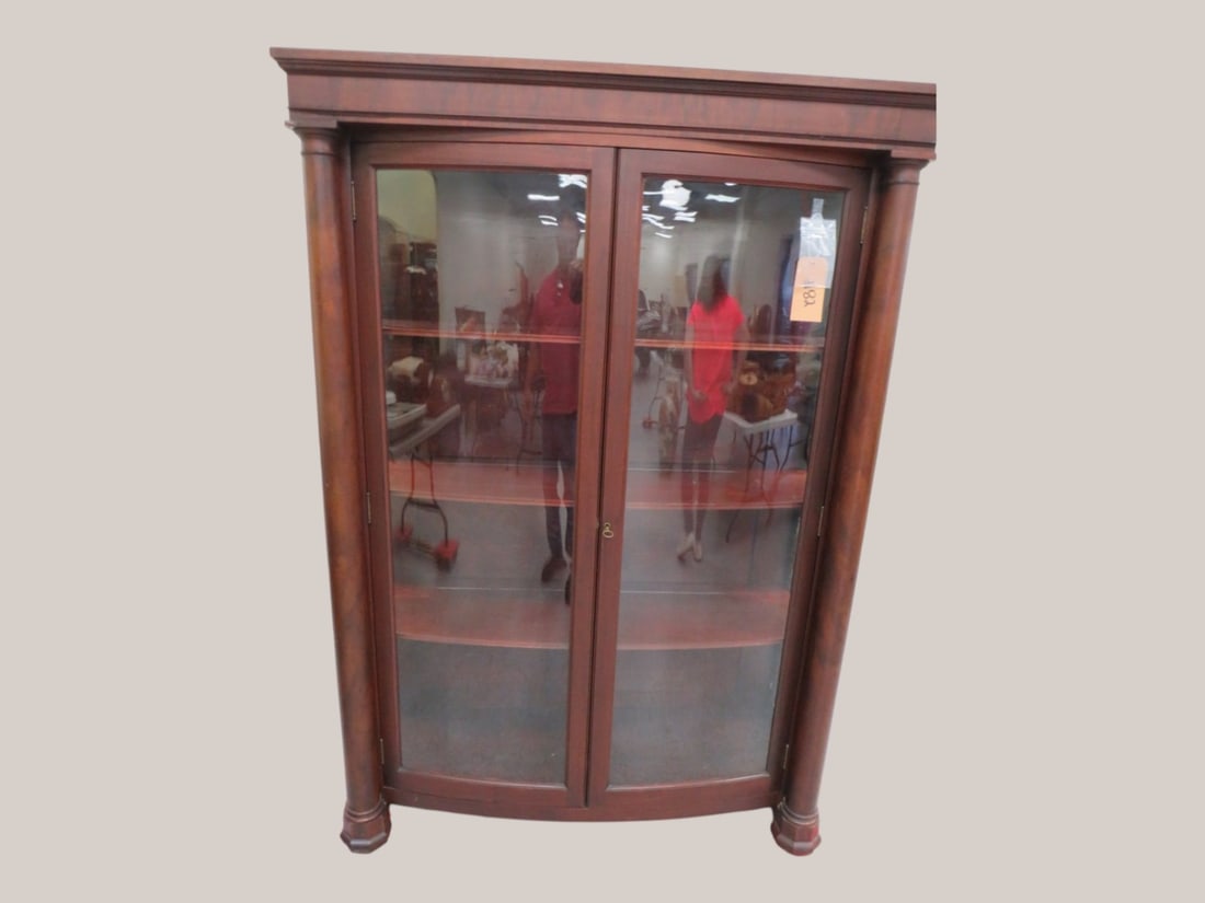 Mahogany Bowed Glass-front China Cabinet w/ Key: Glass front/Sides Column -front w/ shelves 66 x 45 x 16