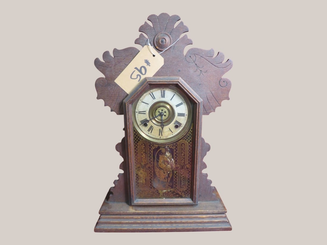 Ingraham Oak Shelf Clock - Dahlia: Etched front glass 22 x 15 x 5 "As found" condition