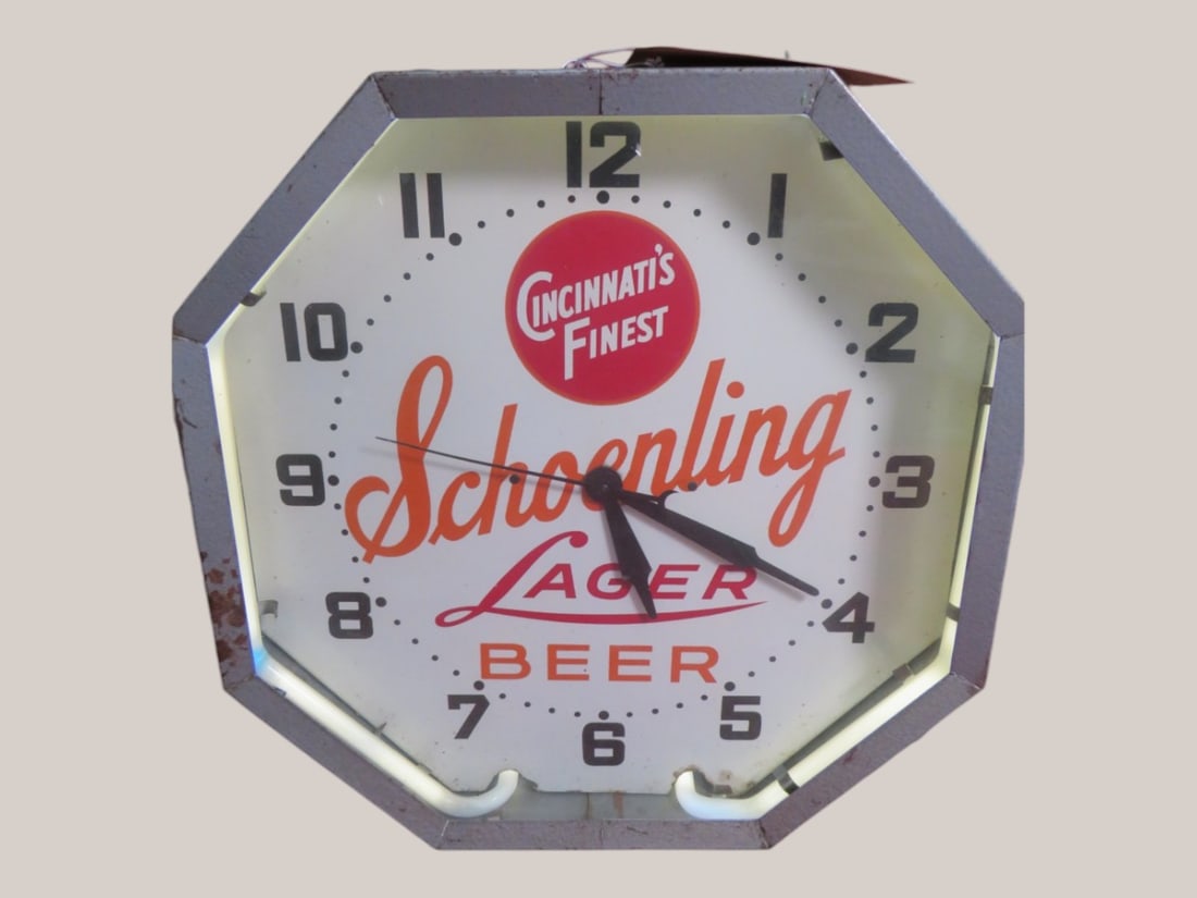 Schoenling Lager Beer Advertising Neon Clock: Octagon shape Metal/Plastic Working Condition 16 x 16 x 5