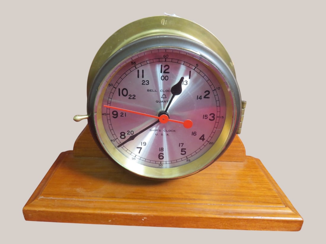 Brass Cased Bell Ship's Clock: Contemporary Mounted on Oak shelf 9 x 13 x 5 "As found" condition