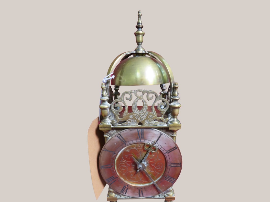 Brass Lantern Clock w/ Roman Numeral Dial: Mounted Bell top 12 x 4 x 4 "As found" condition