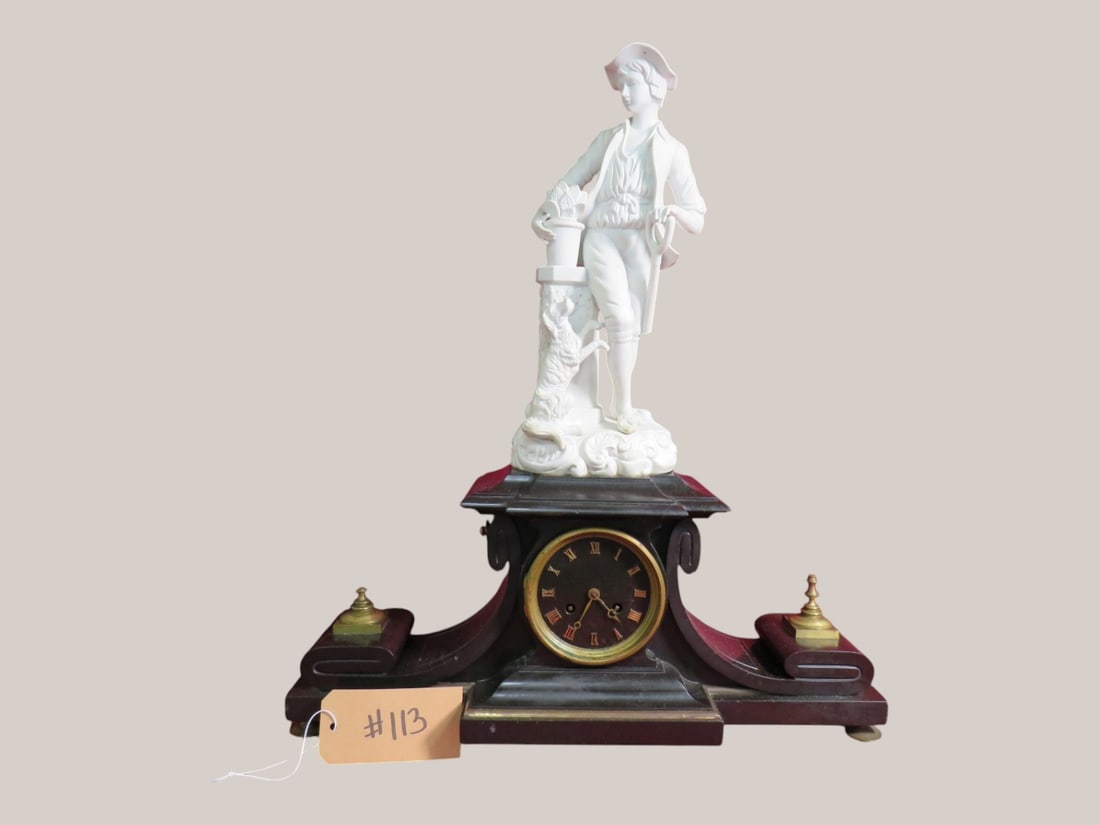 French Marable Mantle Clock w/ Derby Biscuit Figure Gardener: Missing Glass Face/Shovel head - Repair to figurine-No pendulum or key 25 x 21.5 x 7