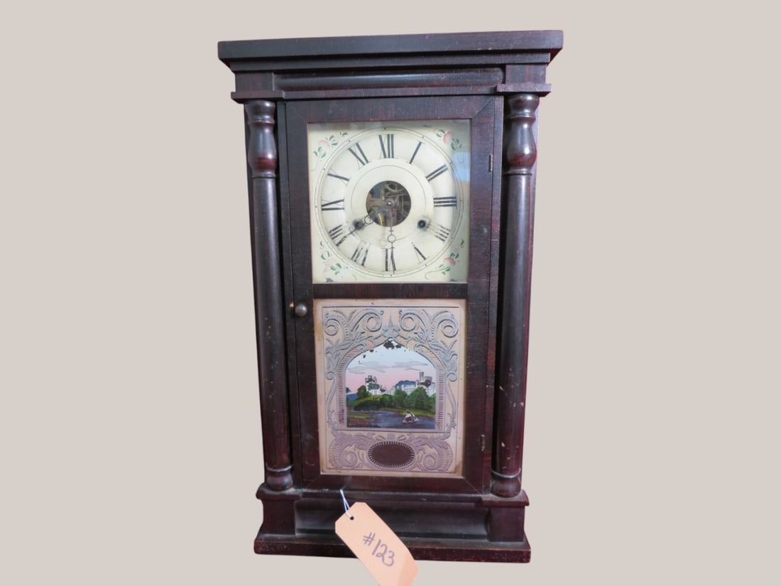 Seth Thomas Empire Column Clock: w/ Weights & Pendulum/Reverse Painted Castle 26 x 15 x 5