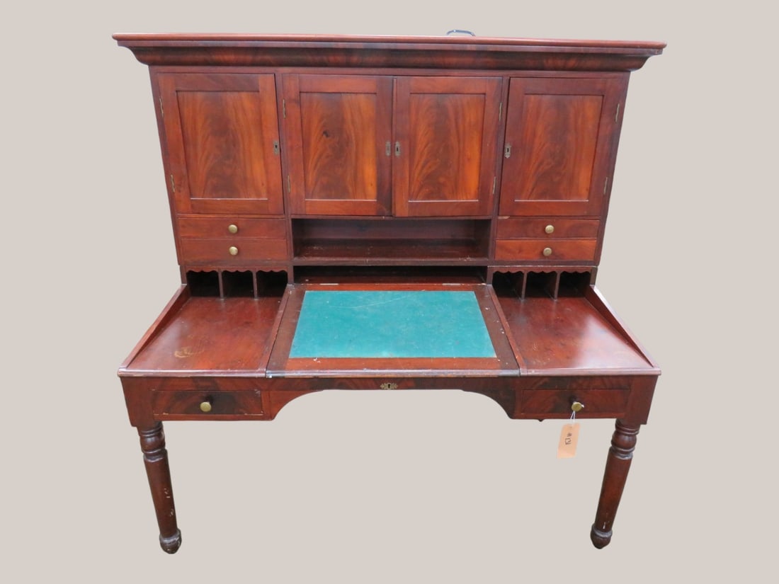 Ear;y 2 pc. Plantation Writing Desk: Top-4 Door/ 4 Drawers Base-Lift top-Pigeon Holes & 2 Drawers Base 35 x 60 x 34/Top 29 x 64 x 14