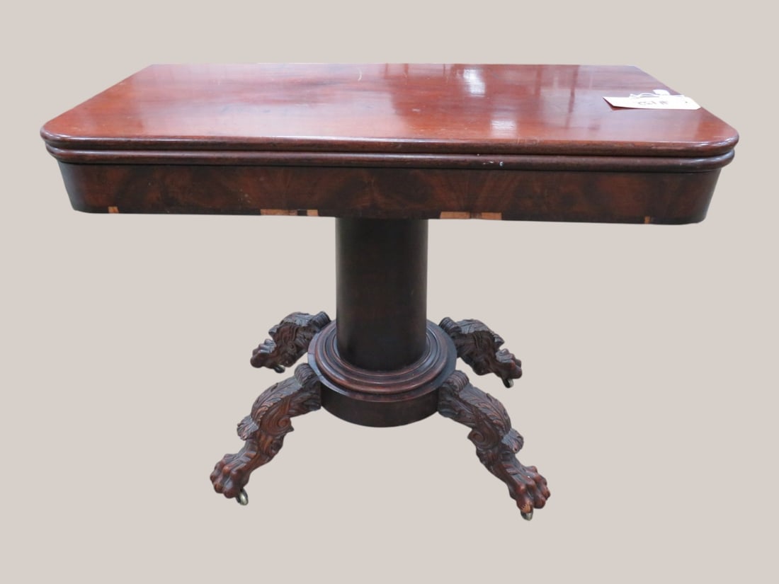 Empire Flamed Mahogany Game Table w/ Carved Paw Feet: 29 x 36 x 18
