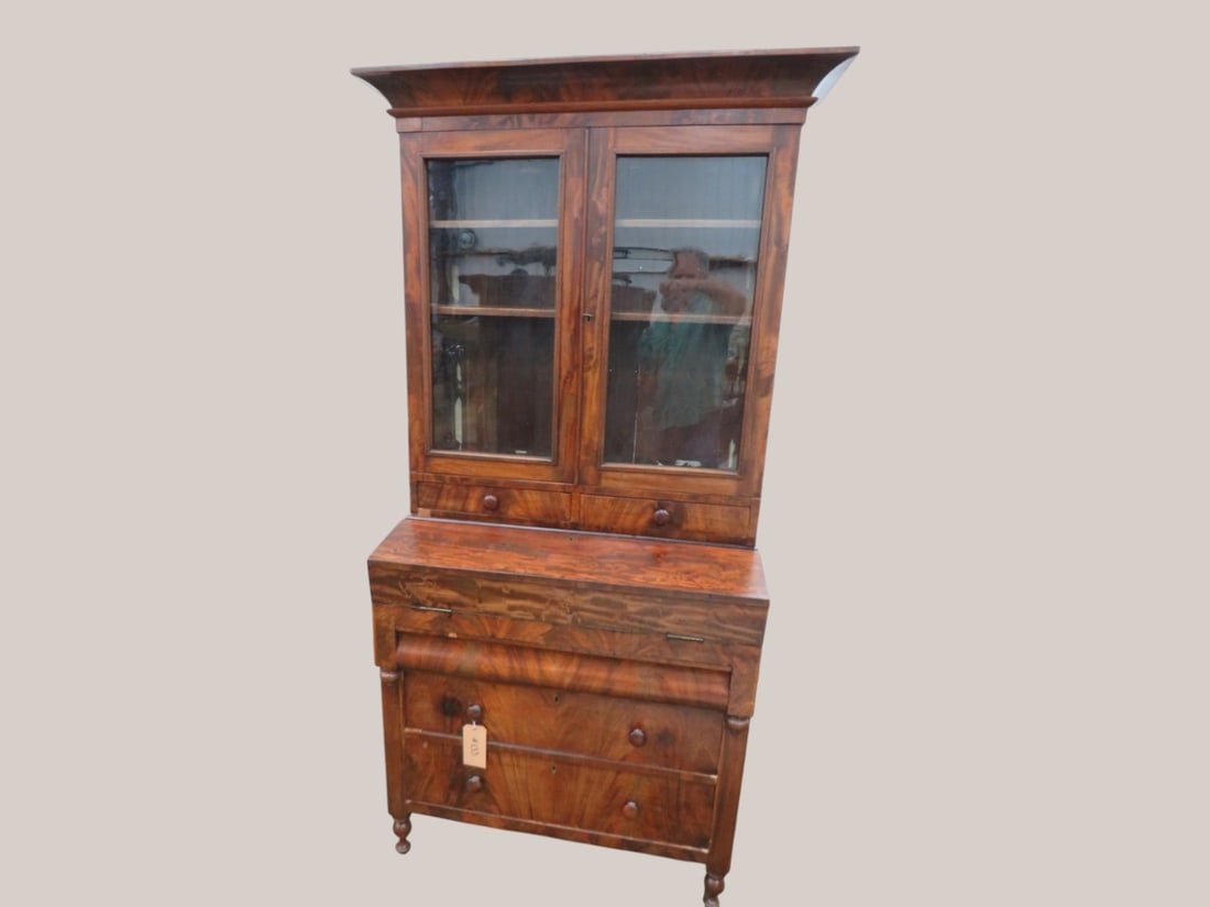 2 pc. Empire Flamed Mahogany Bookcase Desk: Top- 42 x 42 x 14/Base- 38 x 36 x 20