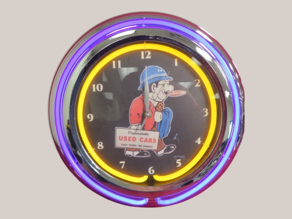 Double-band Neon Dependable Used Cars Clock: 17 x 3 Battery op. Clock/Electric Neon