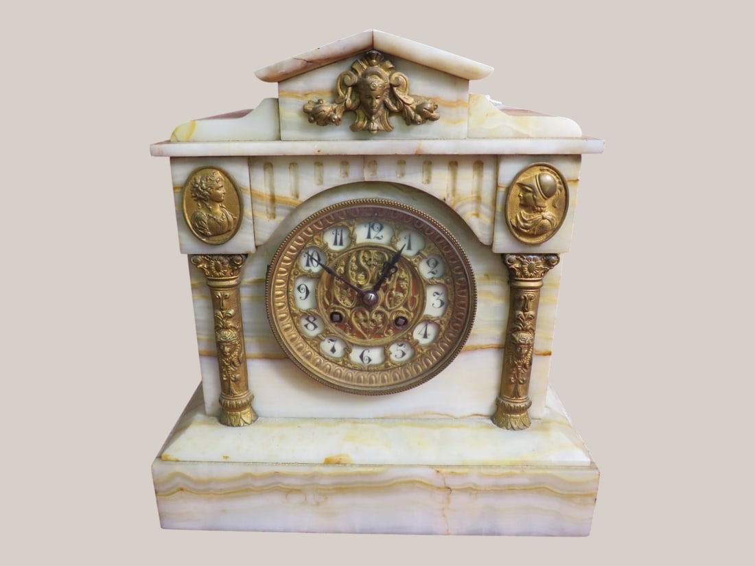 Marble Antique Mantle Clock w/ Brass Columns and Firgures (1 of 8)