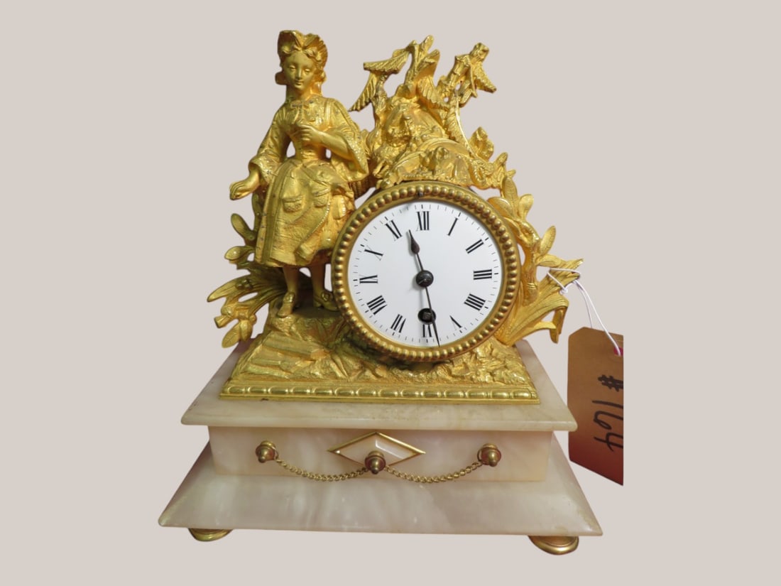 French Mantle Clock Featuring Figures on Marble Base: 12 x 10 x 5