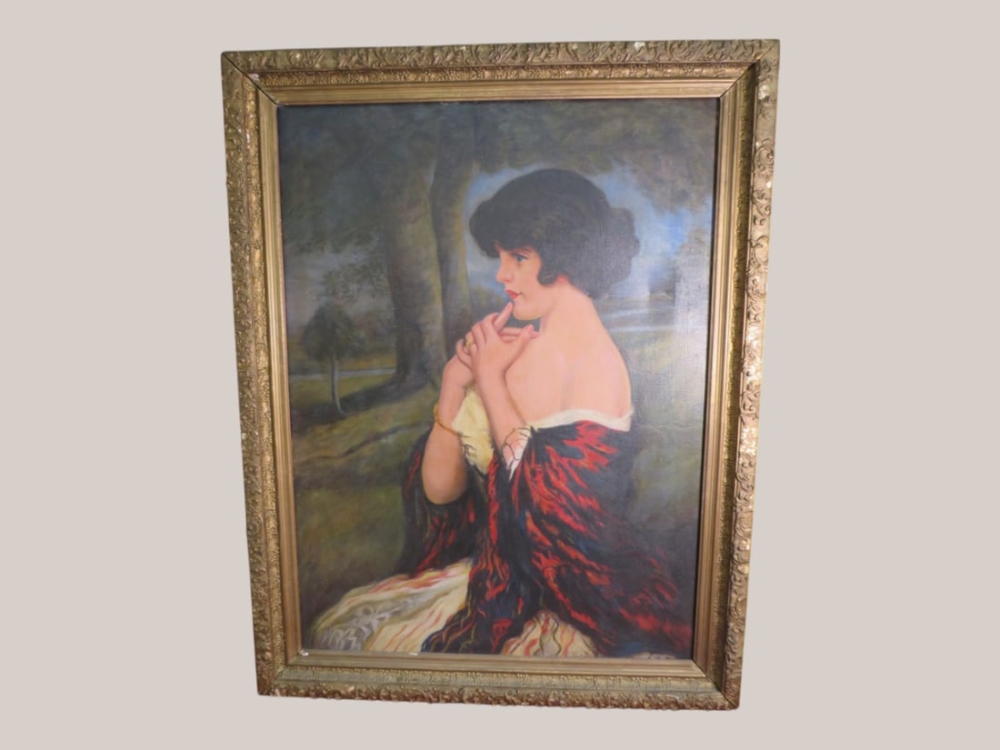 Oil on Canvas Girl Portrait "Puzzled": Copied 1943 46 x 36 x 2 Gold gilt frame
