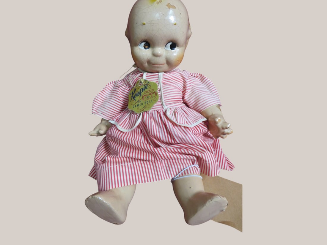 Kewpie Cameo Doll: Clothed Head/Face Crackled and Flaking "As found" condition 13 Tall