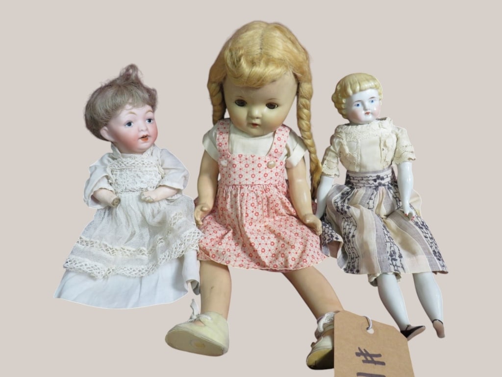 3-Dolls: (1) Porcelain face/1 Hand missing/other Flaking (2) China Head/Repair to head (3) Plastic Head Crack to Chin All Clothed 15 Tall max
