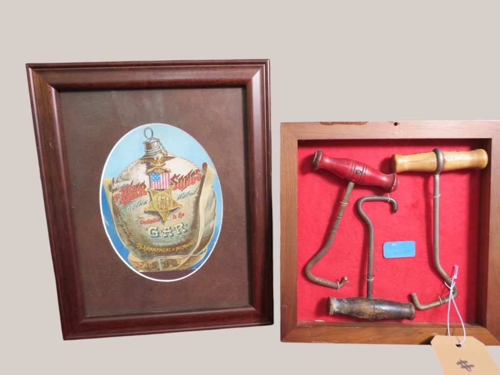 Framed Schlitz Brewery Co. Trade Card and Framed Boot Hooks: 10 x 13 max