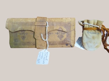 2 pcs- Leather 19th Century Billfold and Miniture Flask in Leather Pouch