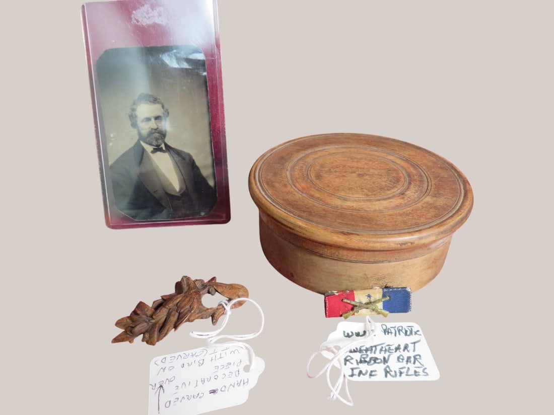 4 pcs- Tin Type-Wood Trinket Box-WWII Ribbon-Hand Carved piece: Paper Label on tin type-San Francisco