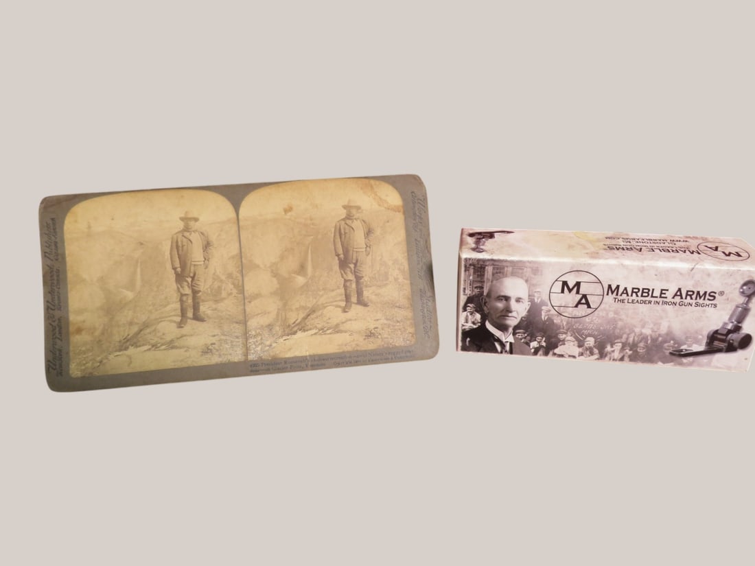 2 pc- Marble Arms Tang Gun Sites and Stereoview Card Teddy Roosevelt: Nomral wear for age