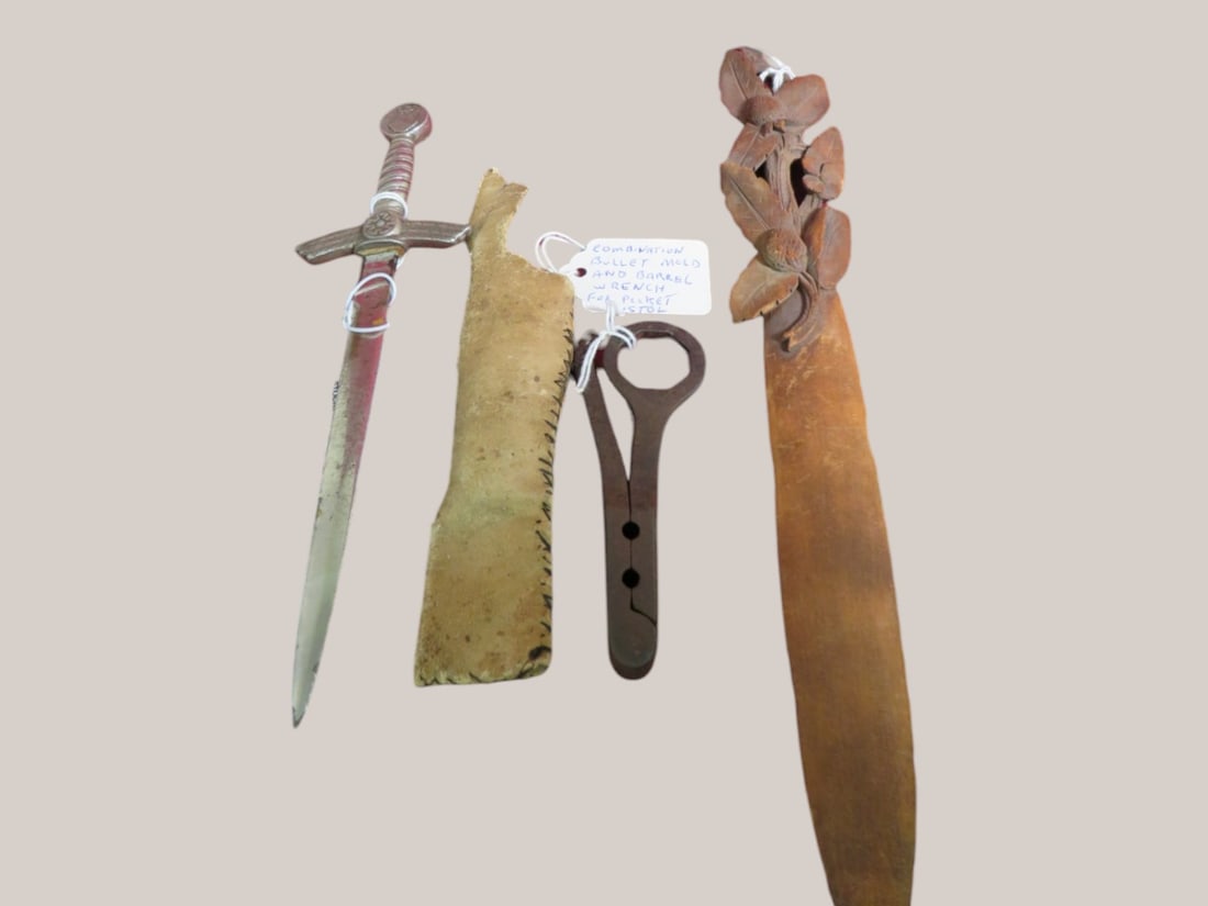 3 pcs- WWII Paper Knife and Civil War Bullet Mold/Wrench and Wood Letter Opener: Age appropriate wear
