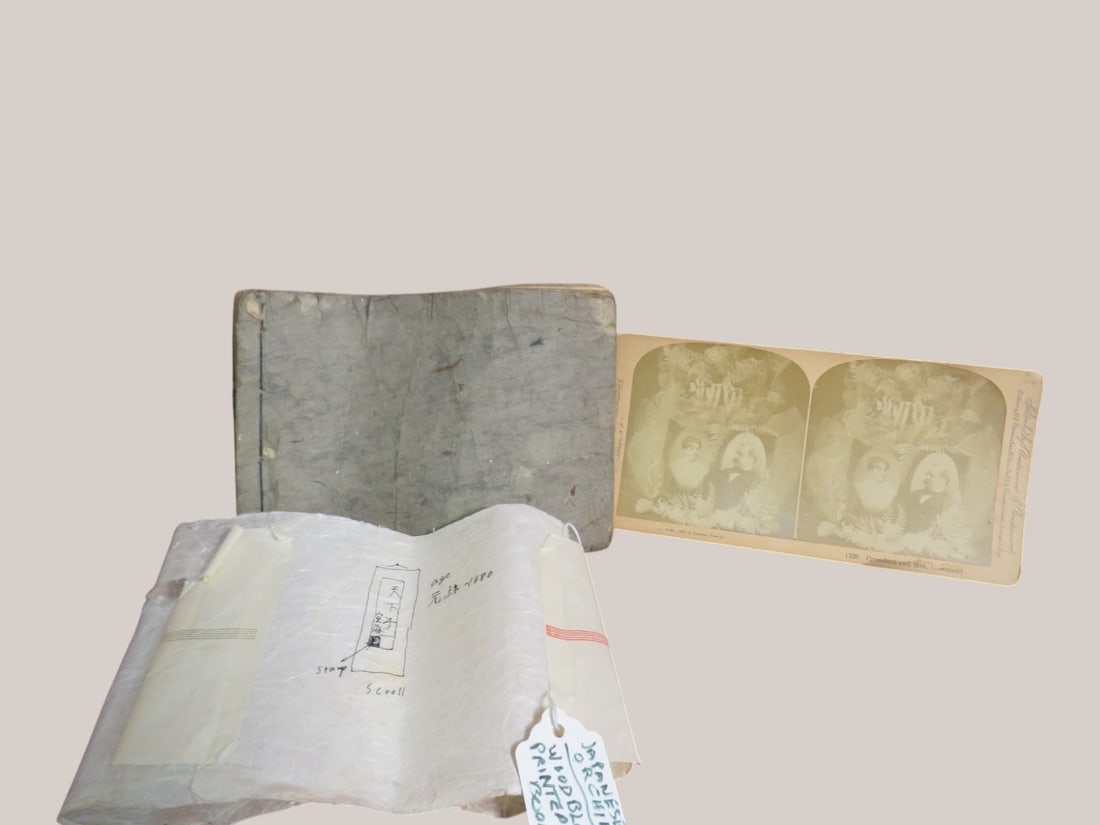 2 pcs-Stereoview of Pres. Cleveland and Japanese Printer Book: Printed in 1695 Genroku Era 1688 Age appropriate wear
