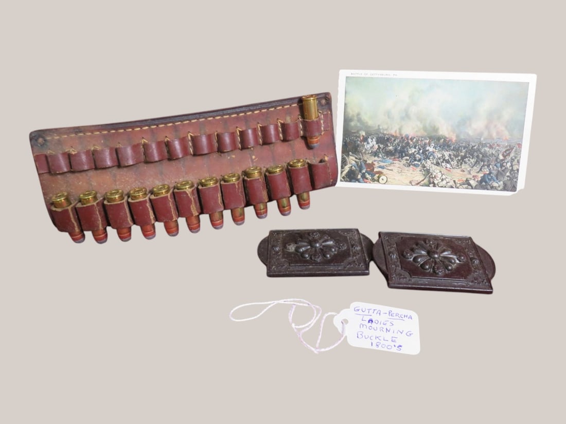Gutta Percha Lady's Mourning Buckle, Strap of Bullets, & Gettysburg Postcard: A great addition to anyone's collection!