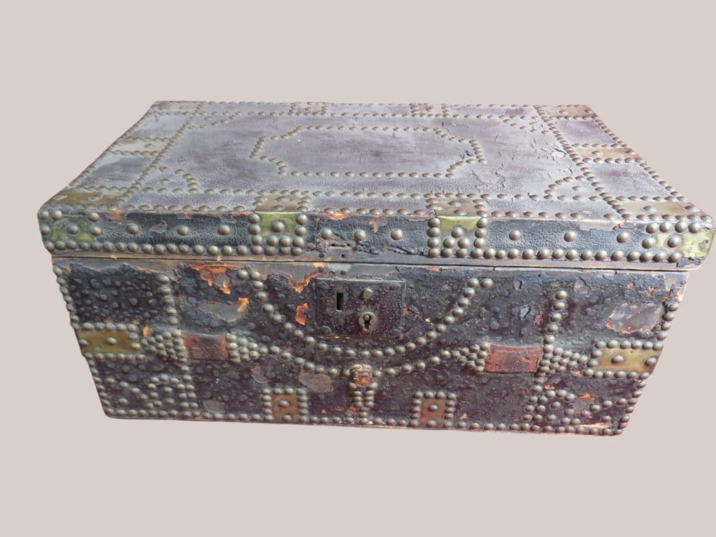 Early Leather covered Wood Trunk Mansfield, OH: Early 1800's Iron Handles Coth Lined "As found" condition 10 x 22 x 12