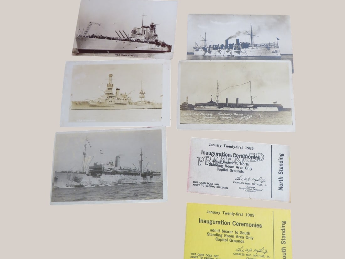 Collection of Five Military Postcards and 2-Tickets 1985 Inauguration: Battle Ships Unused