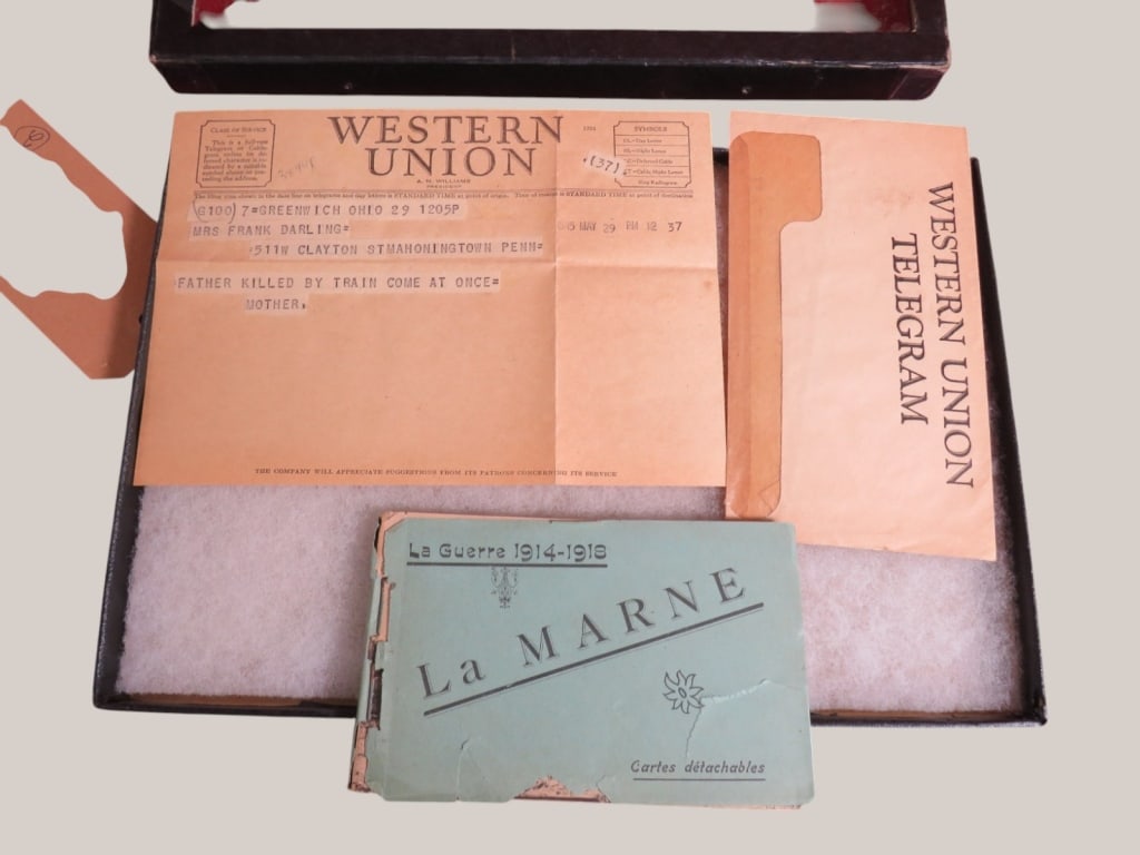 1937 Western Union Telegram w/ Envelope and Collection La Marne Postcards: Age appropriate wear