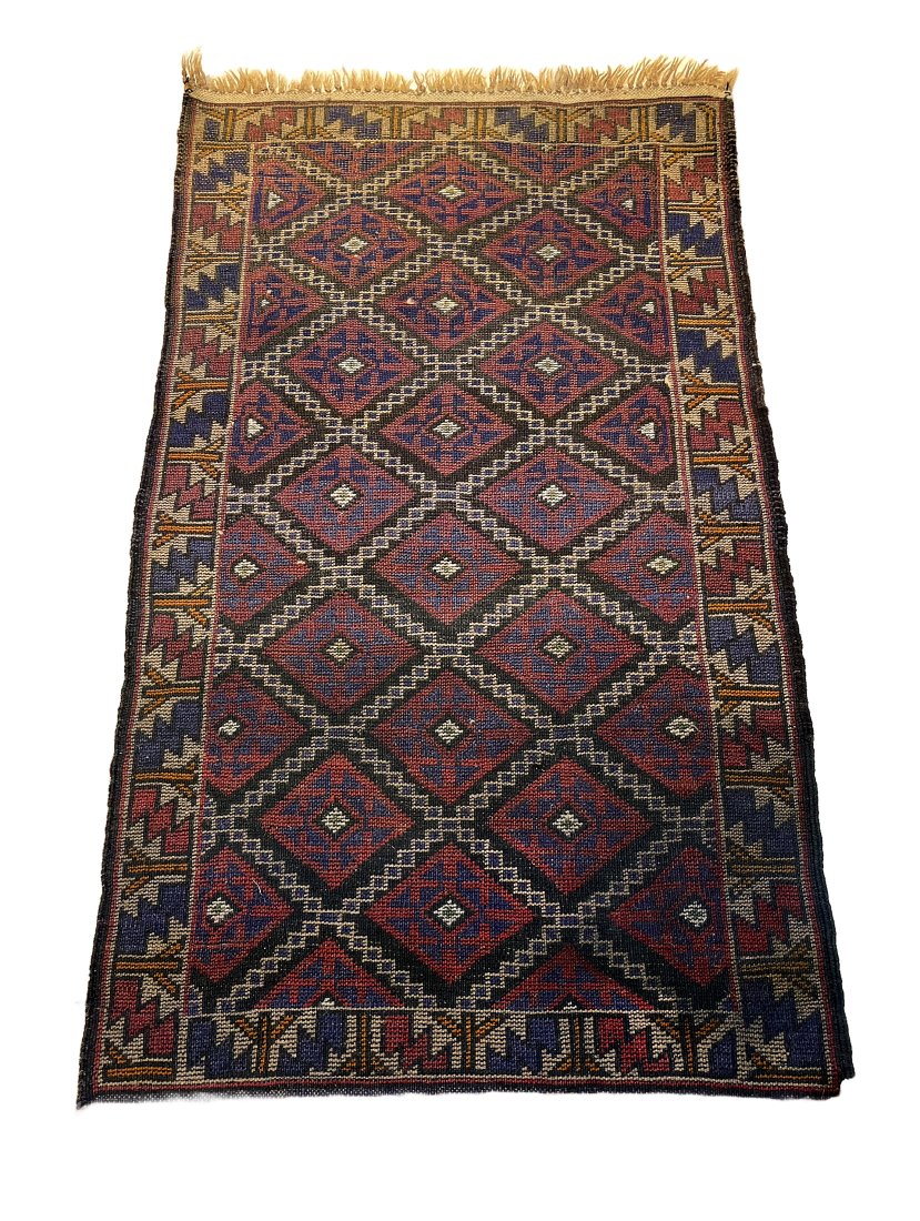 Afghan Wool Door (3' x 5'): Hand-knotted blue, rose, ivory mat.
