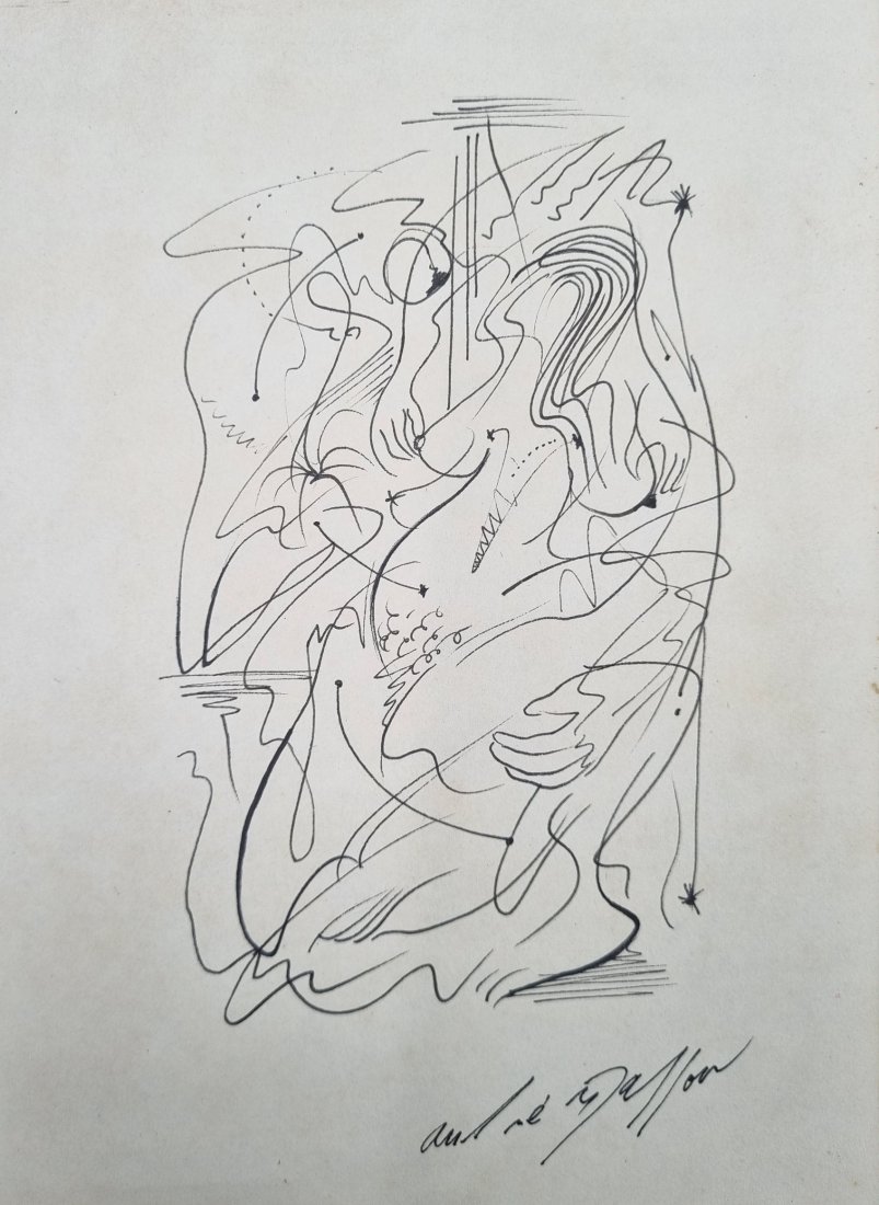 Andrew Masson line drawing Figure: Andre Masson (French, 1896-1981): Femme surrealist Artist. A viviud line drawing in black ink to cream card of a figure