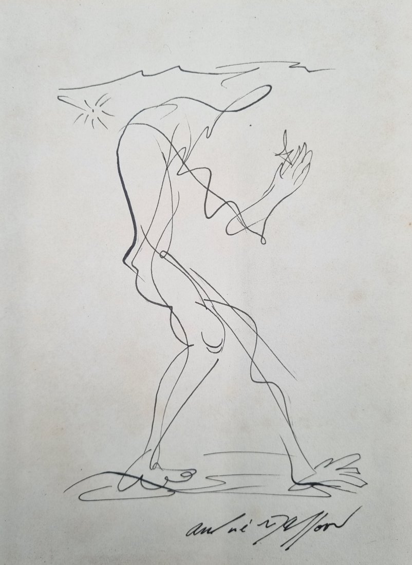 Andrew Masson line drawing: Andre Masson (French, 1896-1981): Femme surrealist Artist. A viviud line drawing in black ink to cream card