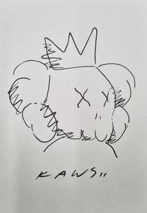 KAWS drawing 2011 A Companion: Brian Donnelly (born November 4, 1974), known professionally as Kaws (stylized as KAWS), is an American artist and designer. An original drawing in fine black ink to cream thin paper of a character by