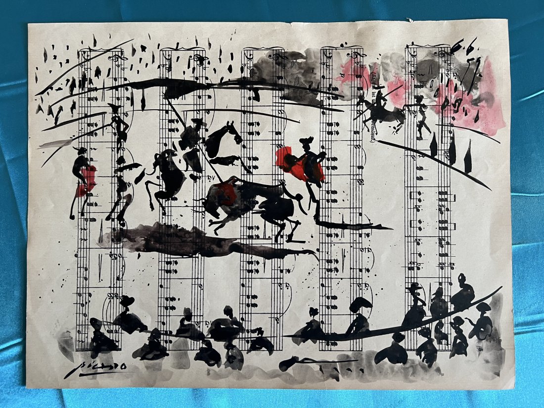 Picasso Bull fight painitng 1959: Pablo Ruiz Picasso (25 October 1881 - 8 April 1973) was a Spanish painter, sculptor, printmaker, ceramicist and theatre designer who spent most of his adult life in France . An original pen, ink and w